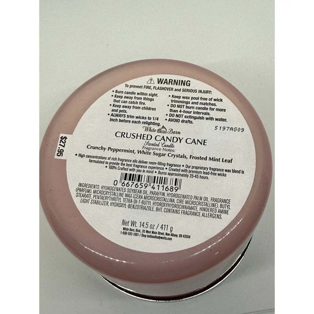 Bath & Body Works White Barn Crushed Candy Cane 3-Wick Candle 14.5 oz Jar New‎